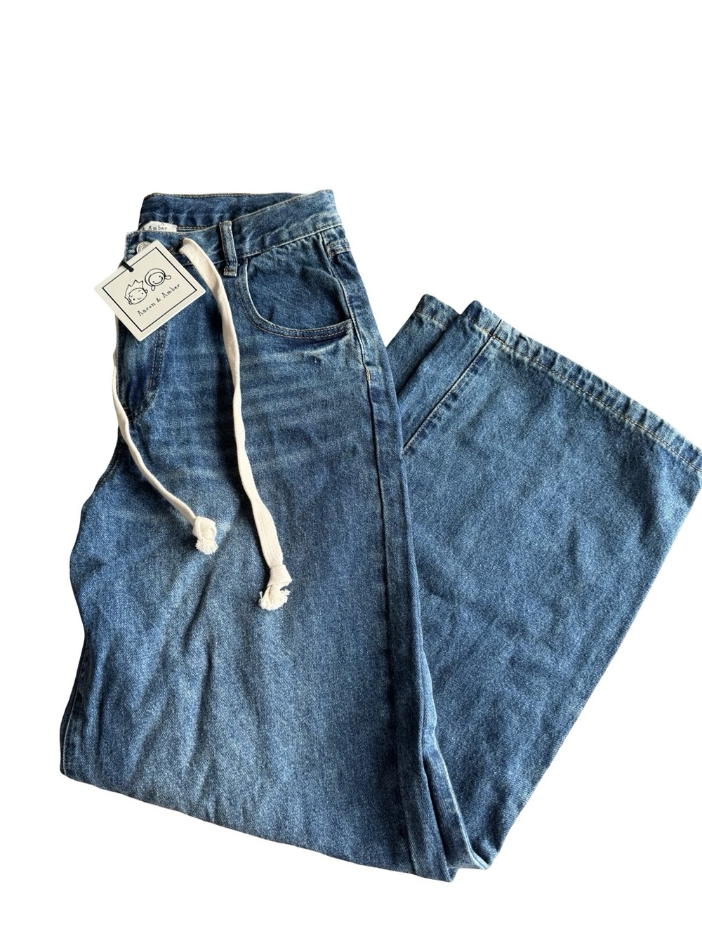 Aaron & Amber Wide-Leg High-Rise Denim Jeans in Medium Blue NWT
